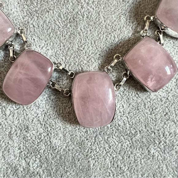 New Natural Rose Quartz Crystal Stone Silver Overlay Cluster Statement Necklace - Picture 4 of 11